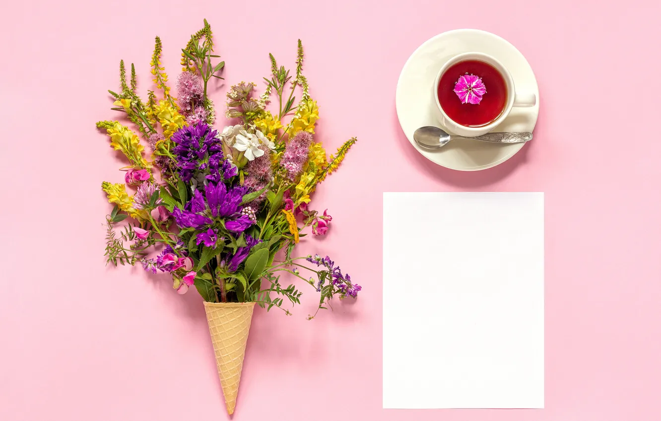 Photo wallpaper flowers, background, tea, horn, waffle