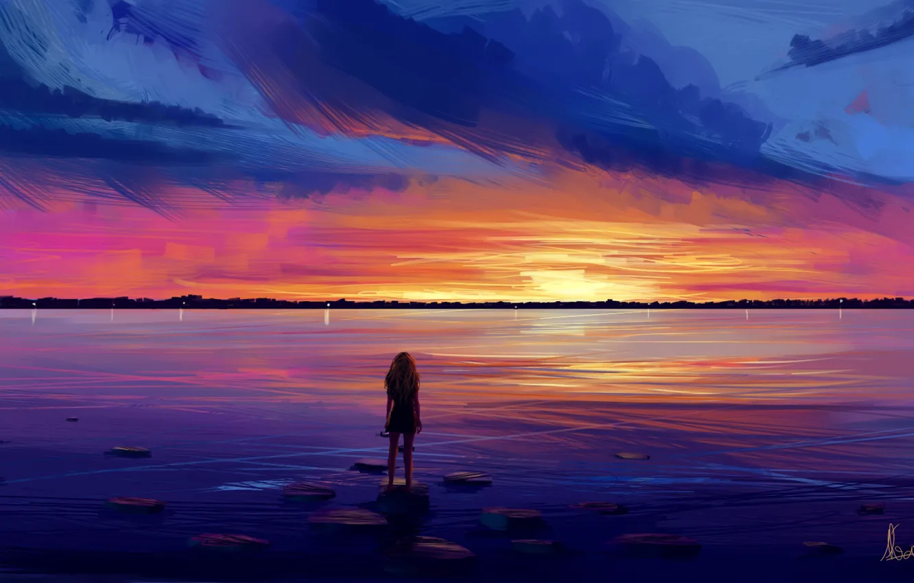 Photo wallpaper girl, sky, sea, sunset, water, art, figure, clouds