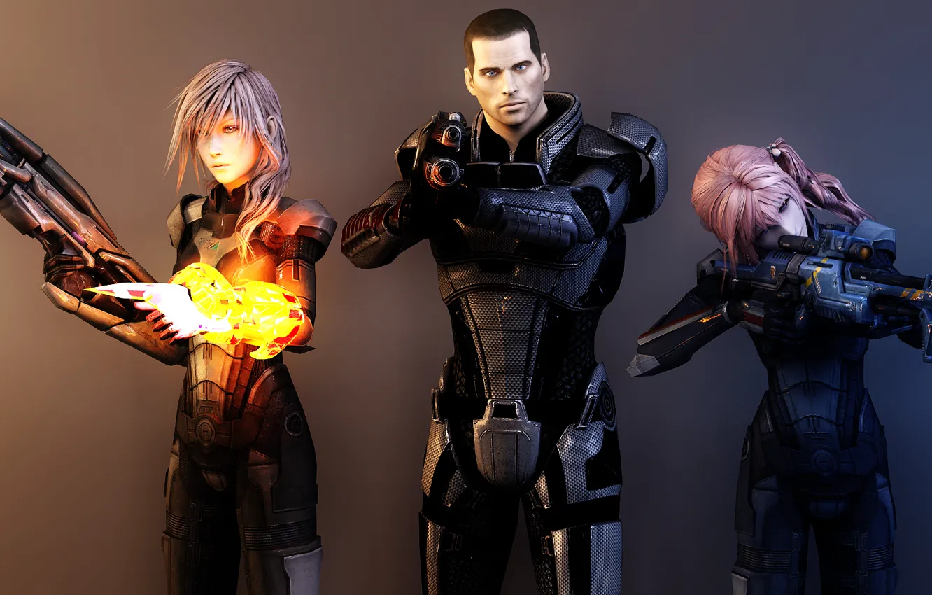 Photo wallpaper girl, weapons, collage, art, captain, armor, Final Fantasy, mass effect