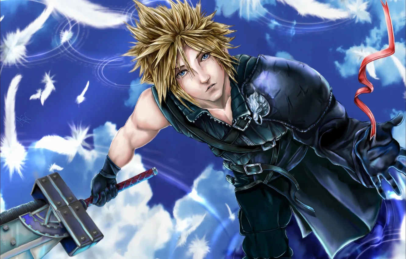 Photo wallpaper weapons, sword, feathers, art, tape, guy, Final Fantasy, Cloud Strife