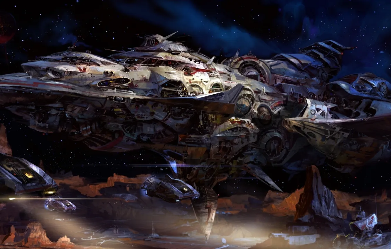 Photo wallpaper surface, people, ship, planet, the suit, art, astronaut, research