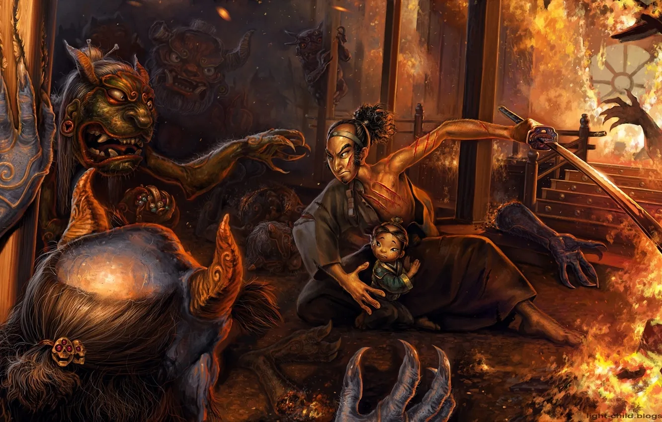 Photo wallpaper night, children, lights, fire, home, monster, sword, protection