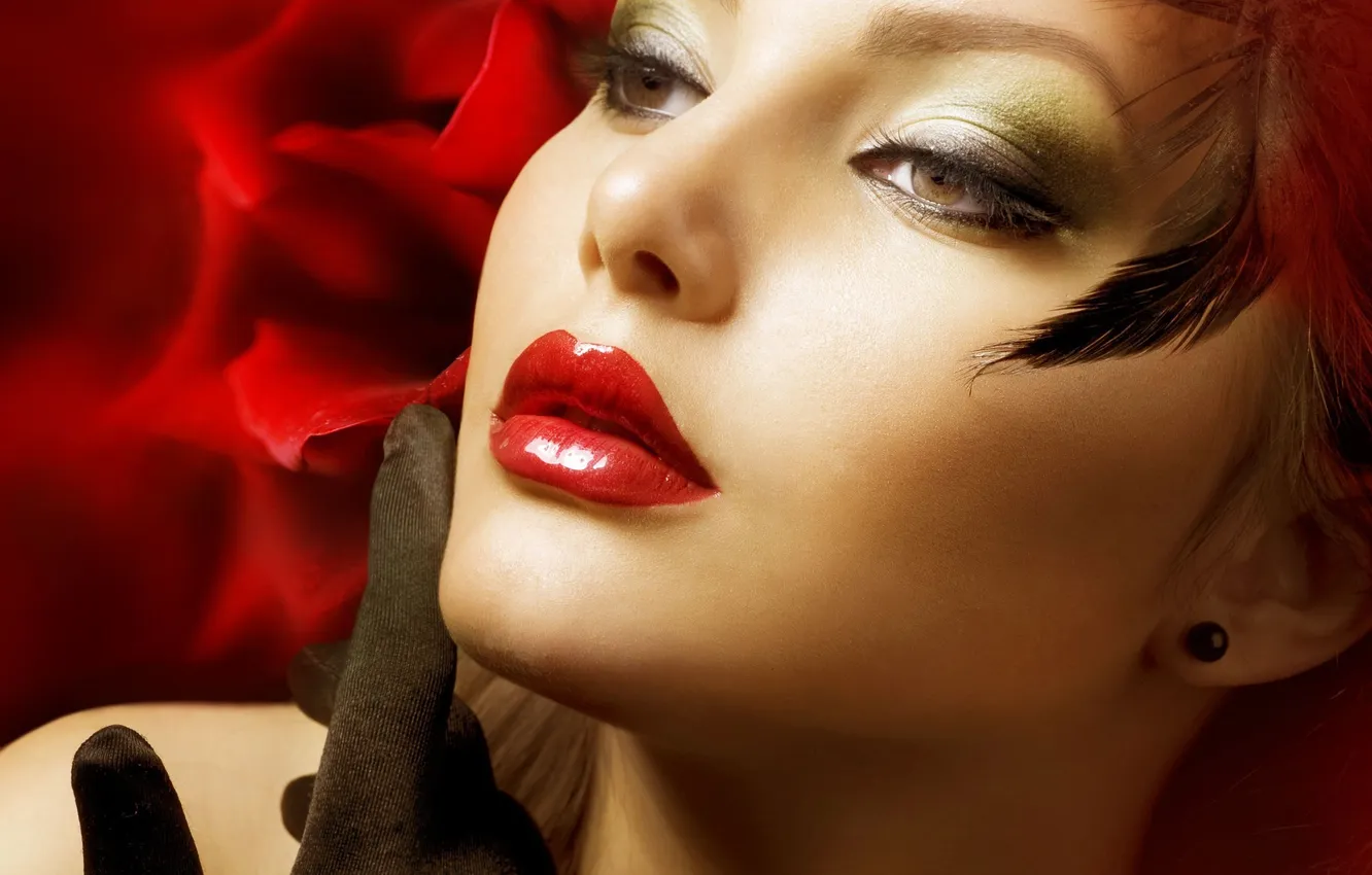 Photo wallpaper girl, face, background, roses, feathers, lipstick, lips, gloves