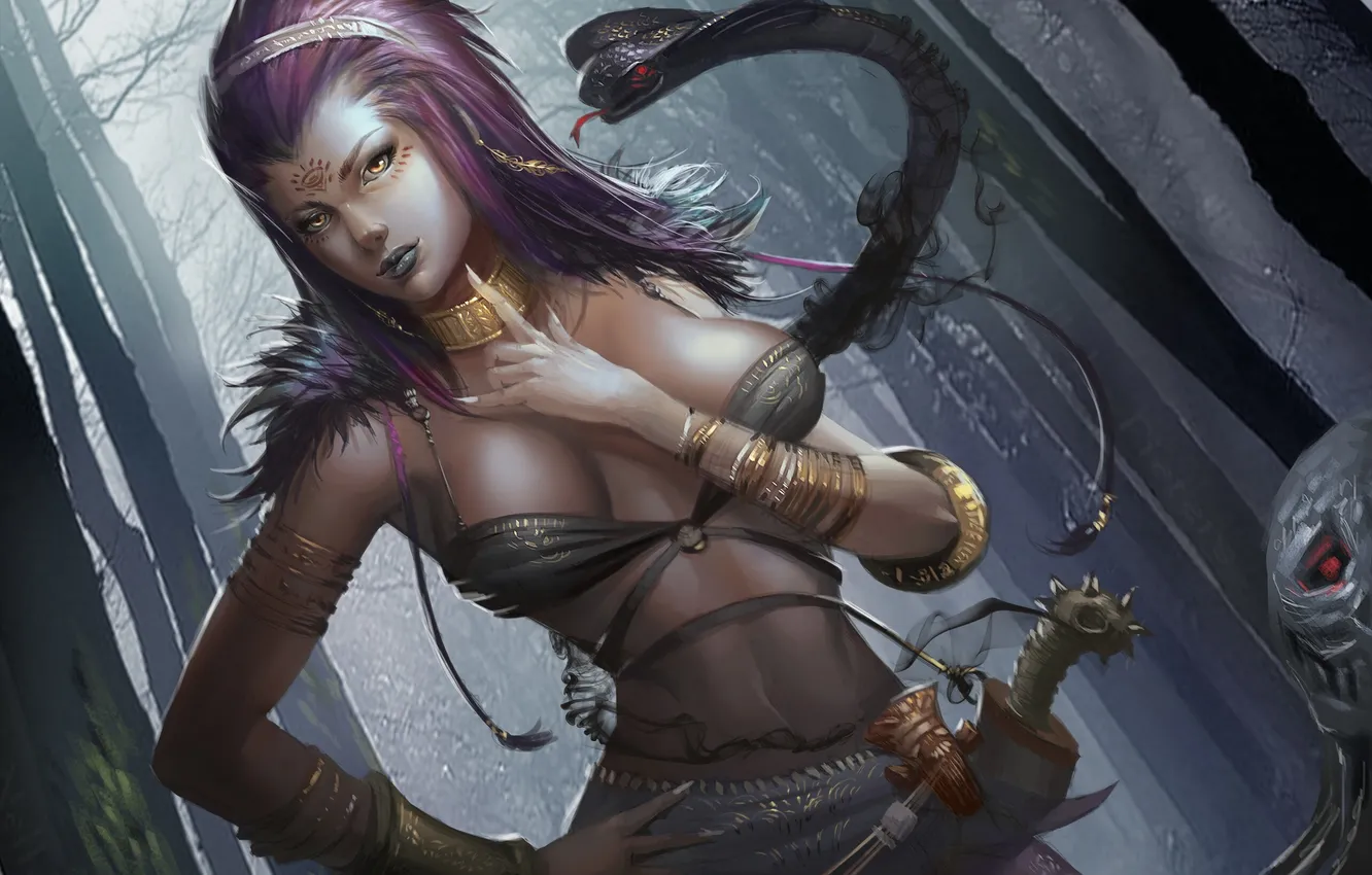 Photo wallpaper look, girl, fog, snake, Geremia