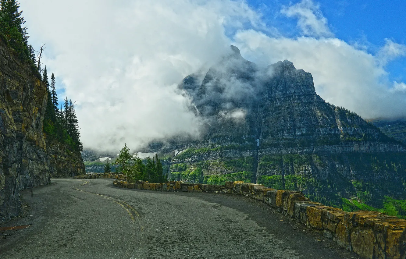 Photo wallpaper road, forest, the sky, clouds, mountains, highway