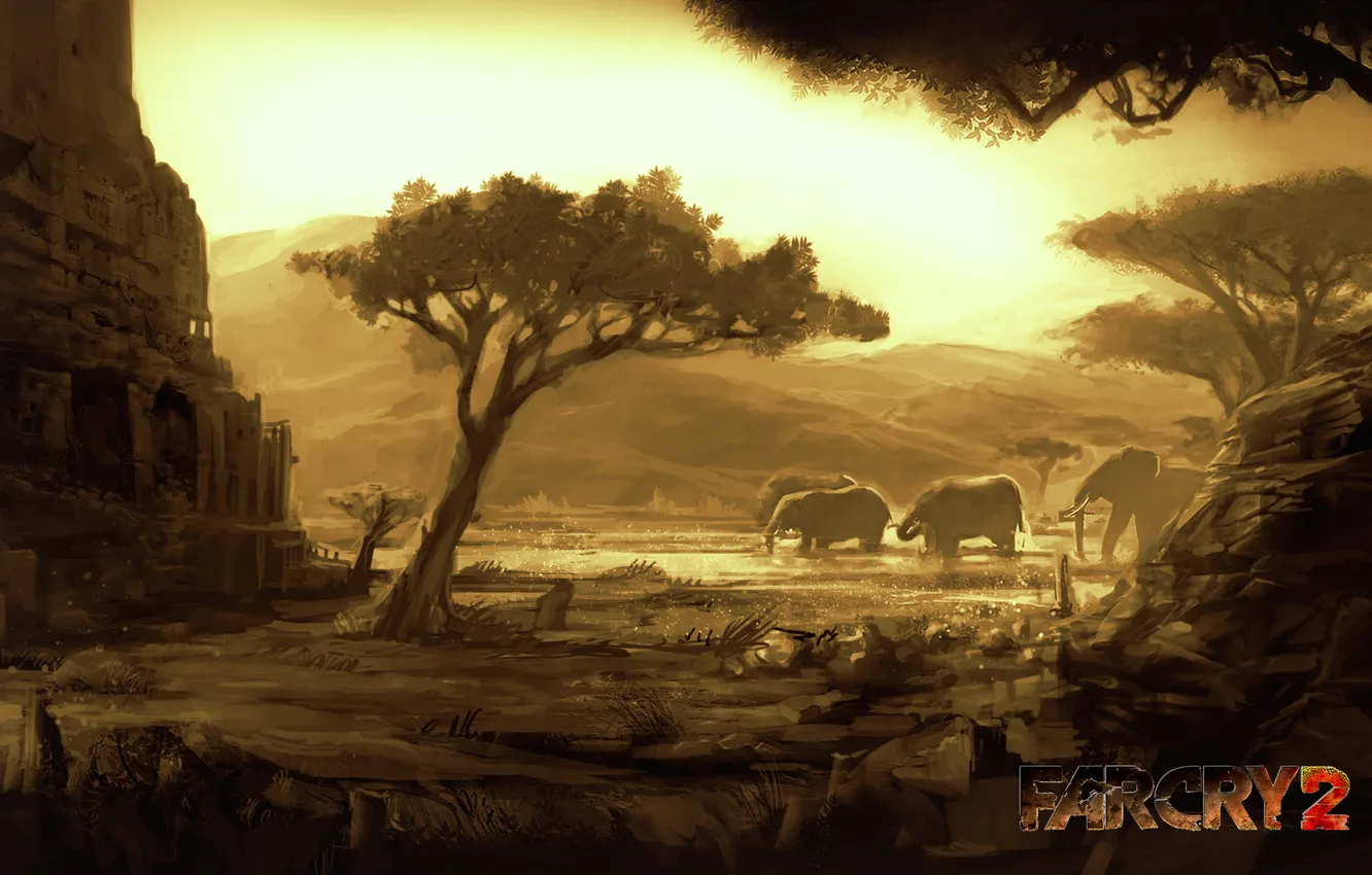 Photo wallpaper elephant, Savannah, ruins, far cry 2
