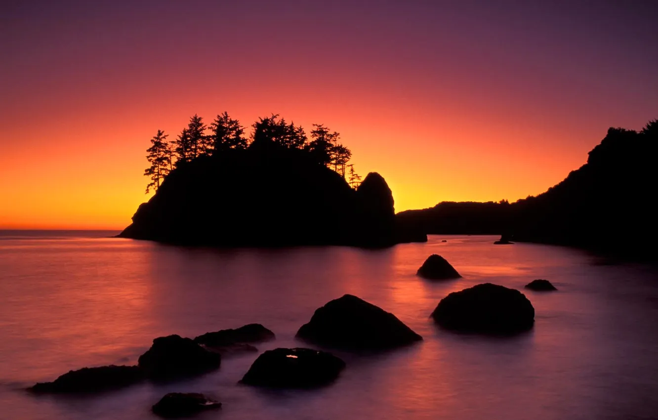 Photo wallpaper sea, the sky, sunset, rock, silhouette, glow