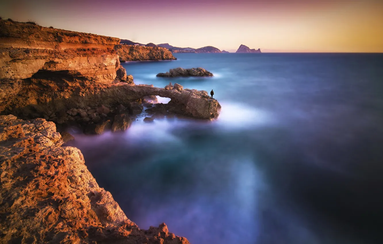 Photo wallpaper sea, sunset, rocks