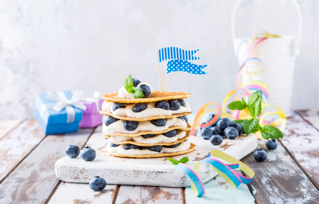 Photo wallpaper berries, blueberries, dessert, yogurt, pancake cake, Iryna Melnyk