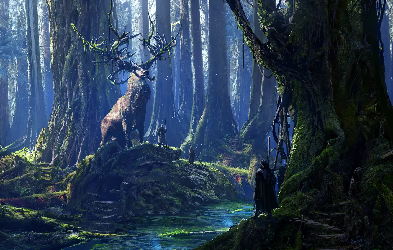 Photo wallpaper forest, river, people, beast, Cernunnos and his Druids