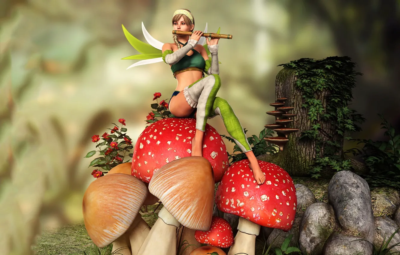 Photo wallpaper girl, mushrooms, fairy, flute