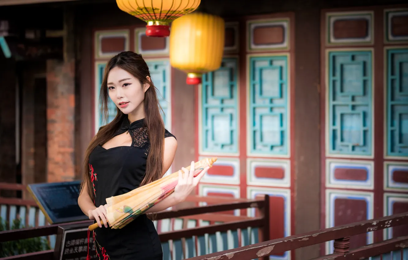 Photo wallpaper girl, sweetheart, umbrella, dress, Asian, graceful