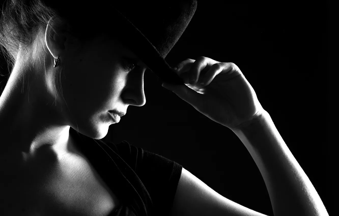 Photo wallpaper girl, hat, black and white, girl, Noir, hat, black