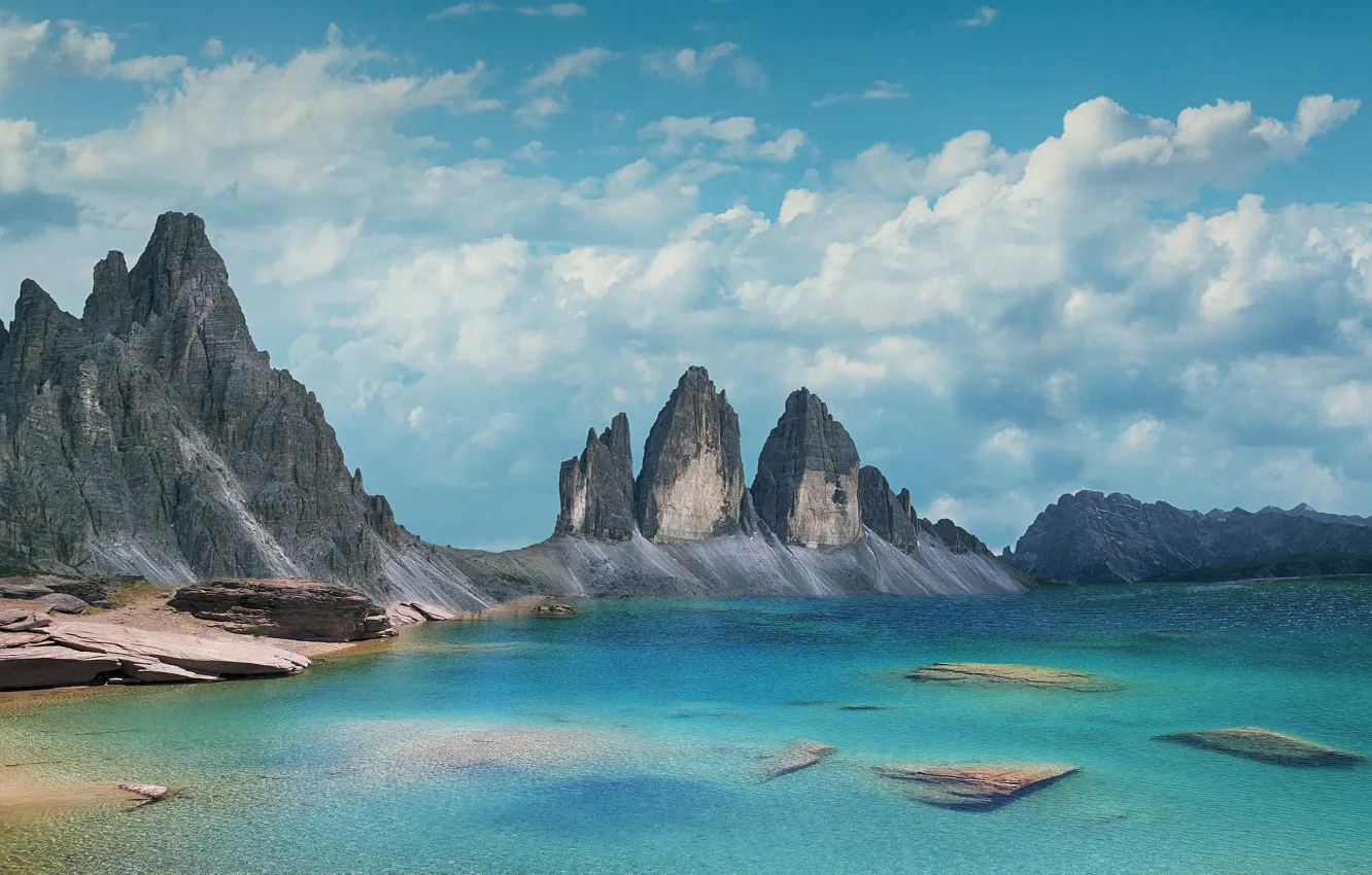 Photo wallpaper sea, mountains, rendering, rocks, shore, tops