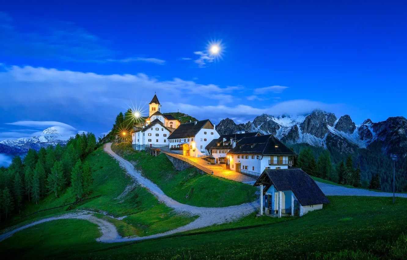 Photo wallpaper landscape, mountains, nature, road, home, lighting, Italy, Church, twilight, village, The Dolomites, Monte Lussari
