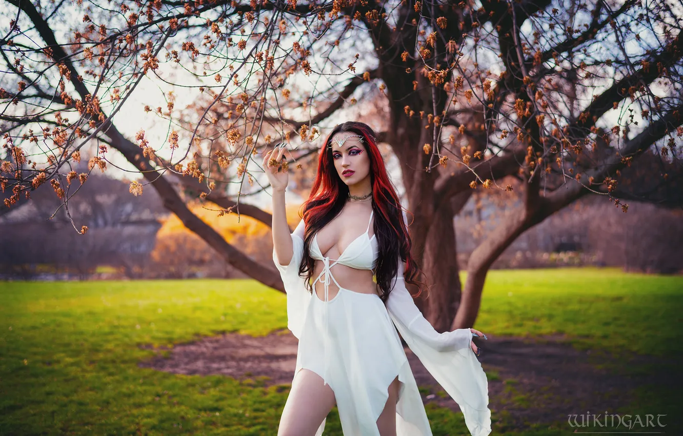 Photo wallpaper look, girl, nature, pose, makeup, dress, fantasy, outfit