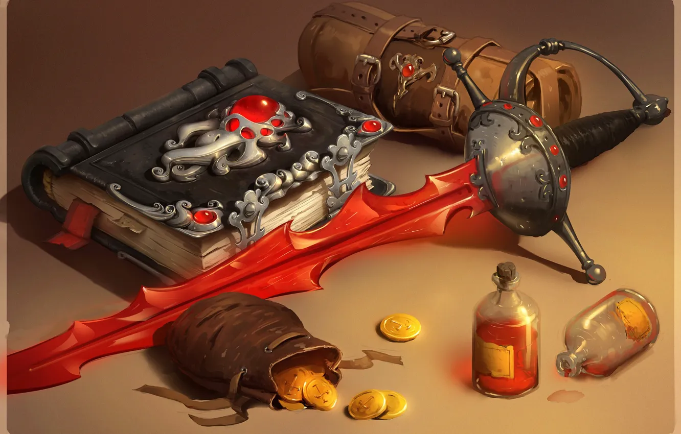 Photo wallpaper weapons, gold, sword, fantasy, art, book, coins, smirnovschool