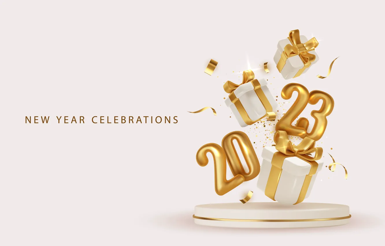 Photo wallpaper stars, balls, box, gift, the inscription, new year, figures, gold plated