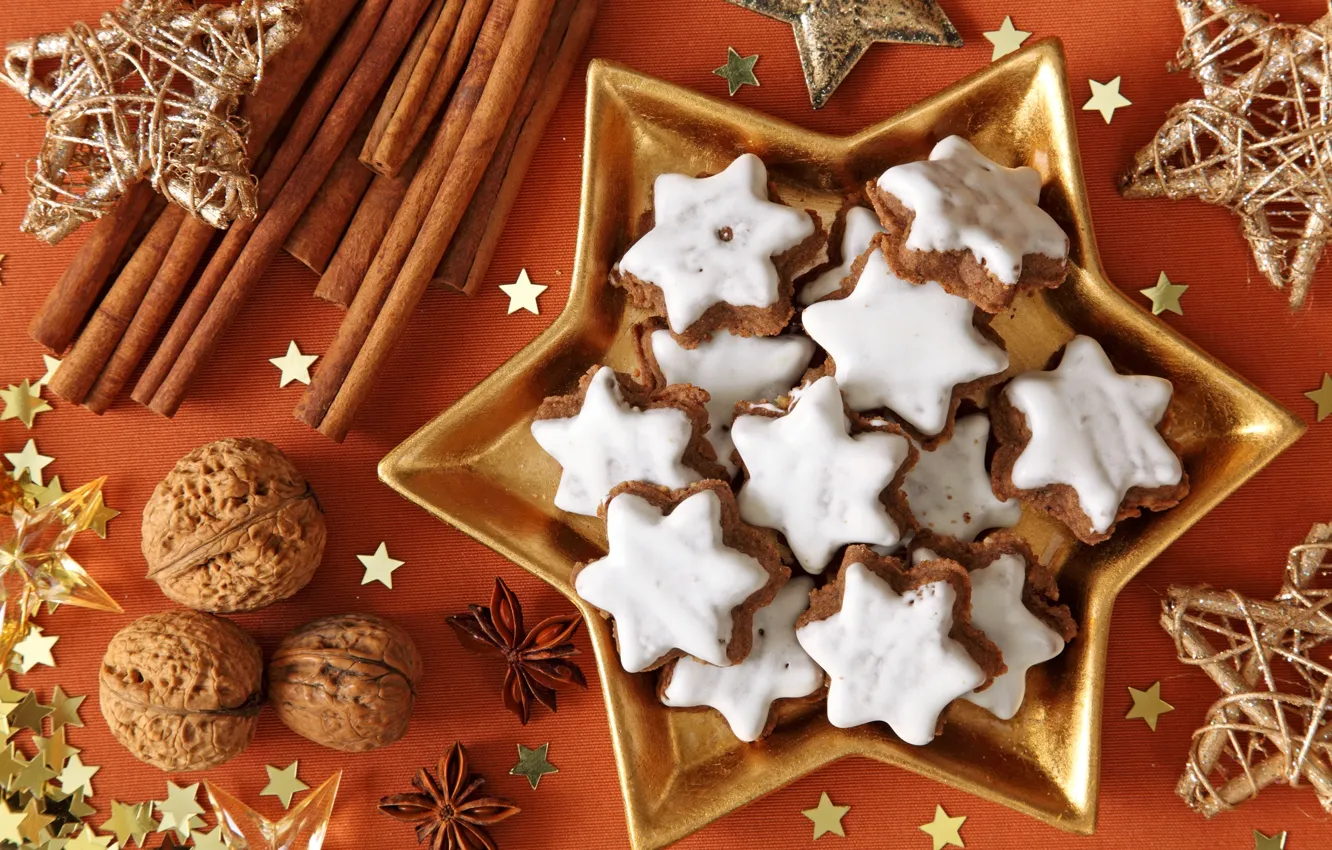Photo wallpaper holiday, new year, stars, cookies, the scenery, nuts, sweet, happy new year