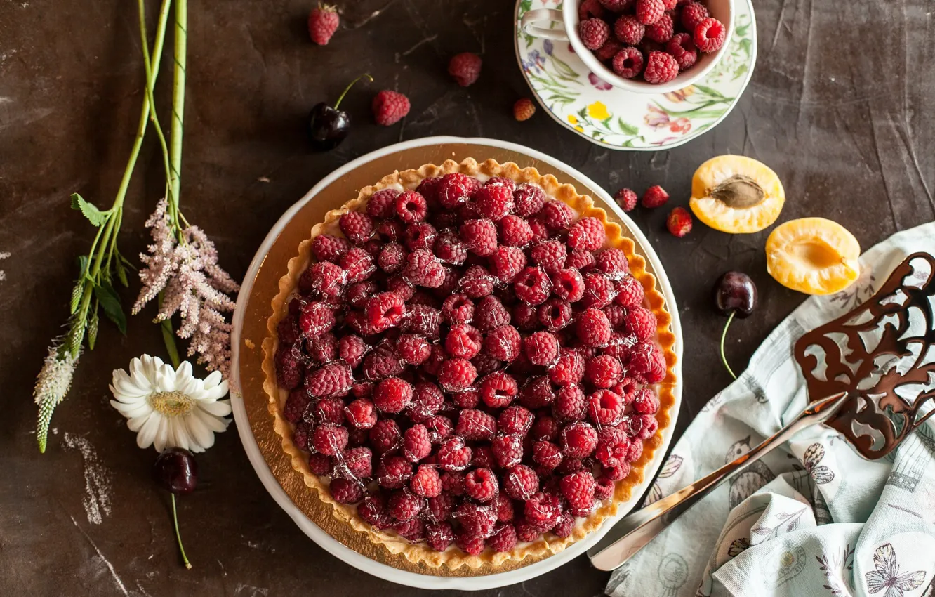 Photo wallpaper flowers, berries, raspberry, pie, cakes, filling