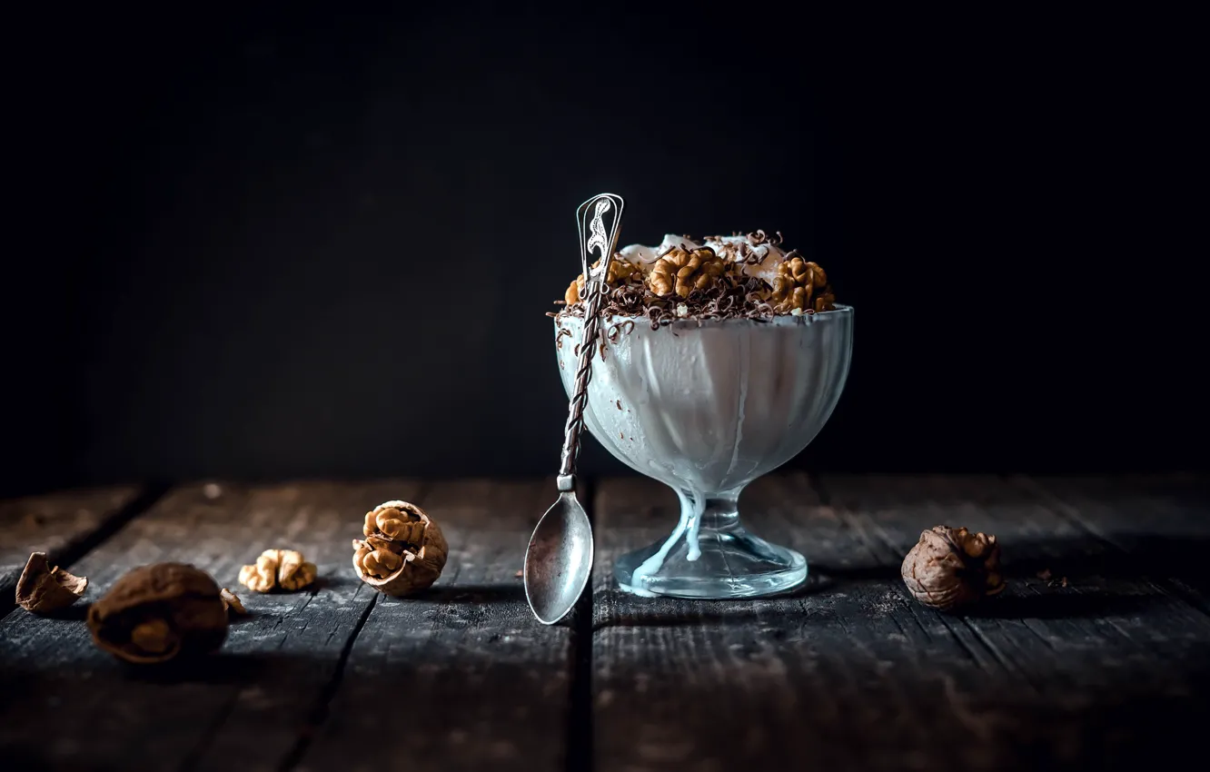 Photo wallpaper table, Board, chocolate, spoon, ice cream, black background, nuts, Cup