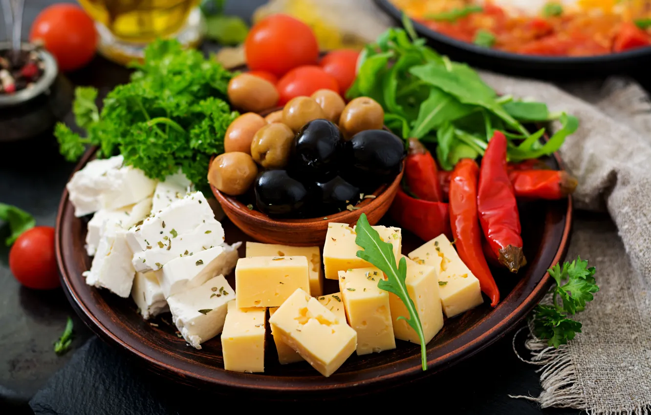 Photo wallpaper cheese, pepper, olives, cuts