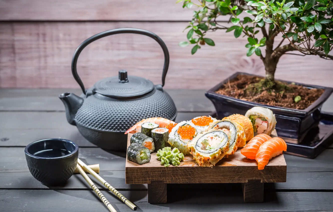 Photo wallpaper tree, kettle, rolls, sushi, sushi, rolls, Japanese cuisine, soy sauce
