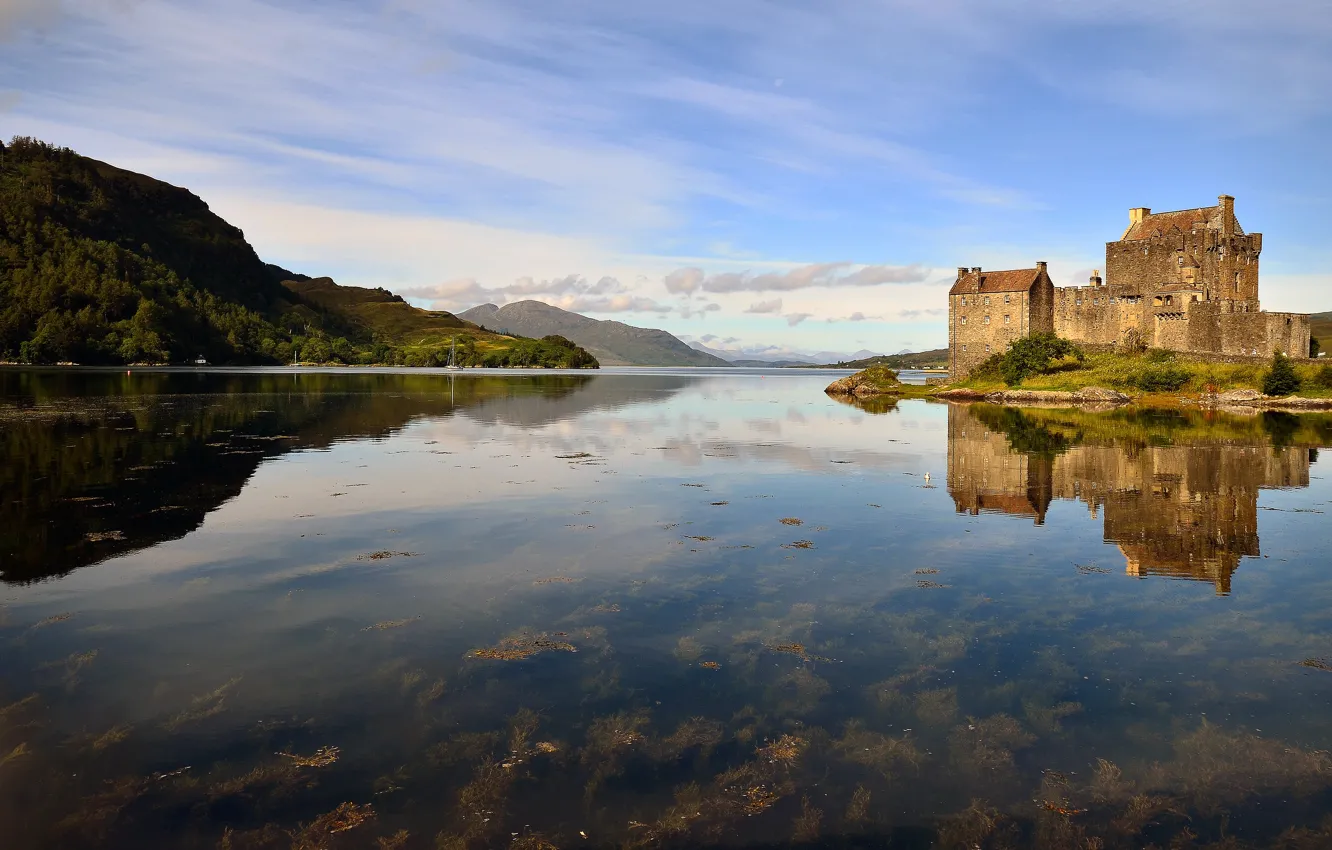 Photo wallpaper mountains, lake, castle, shore, Scotland, pond