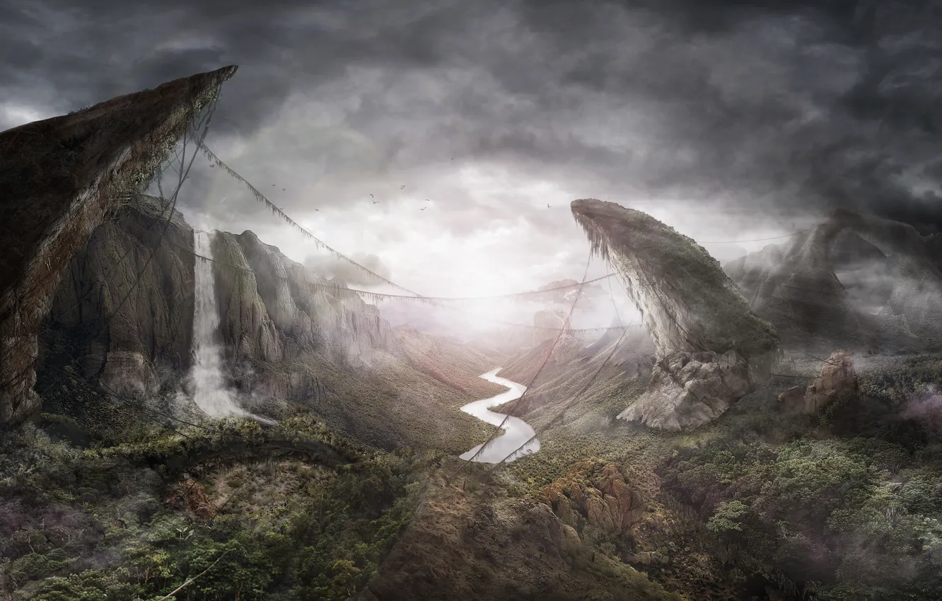 Photo wallpaper forest, mountains, river, waterfall, jungle