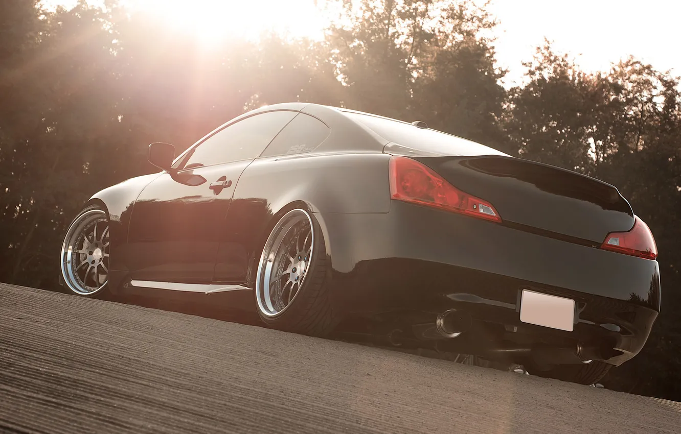 Photo wallpaper the sun, trees, glare, black, Infiniti, black, infiniti, G37