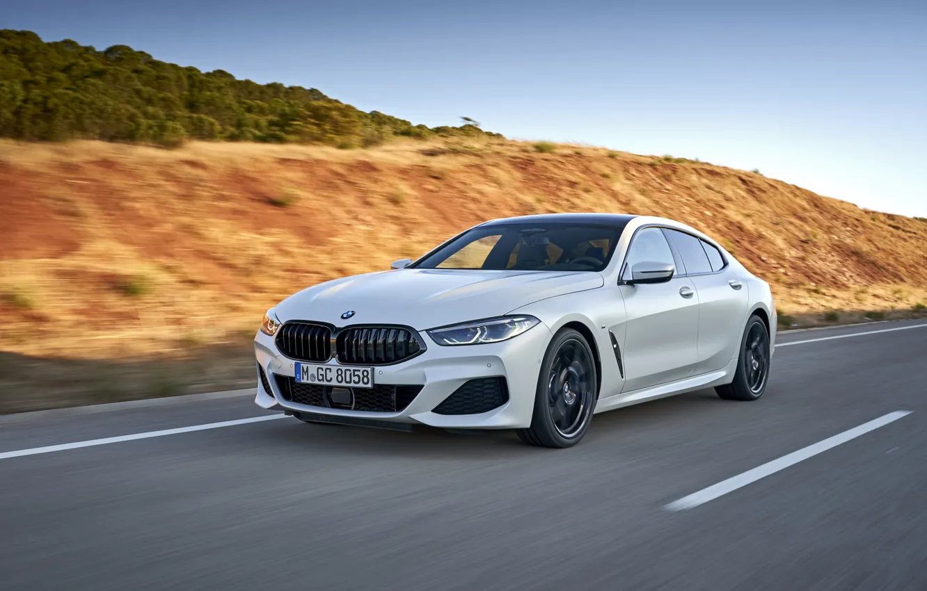 Photo wallpaper white, coupe, BMW, Gran Coupe, on the road, 840i, 8-Series, 2019