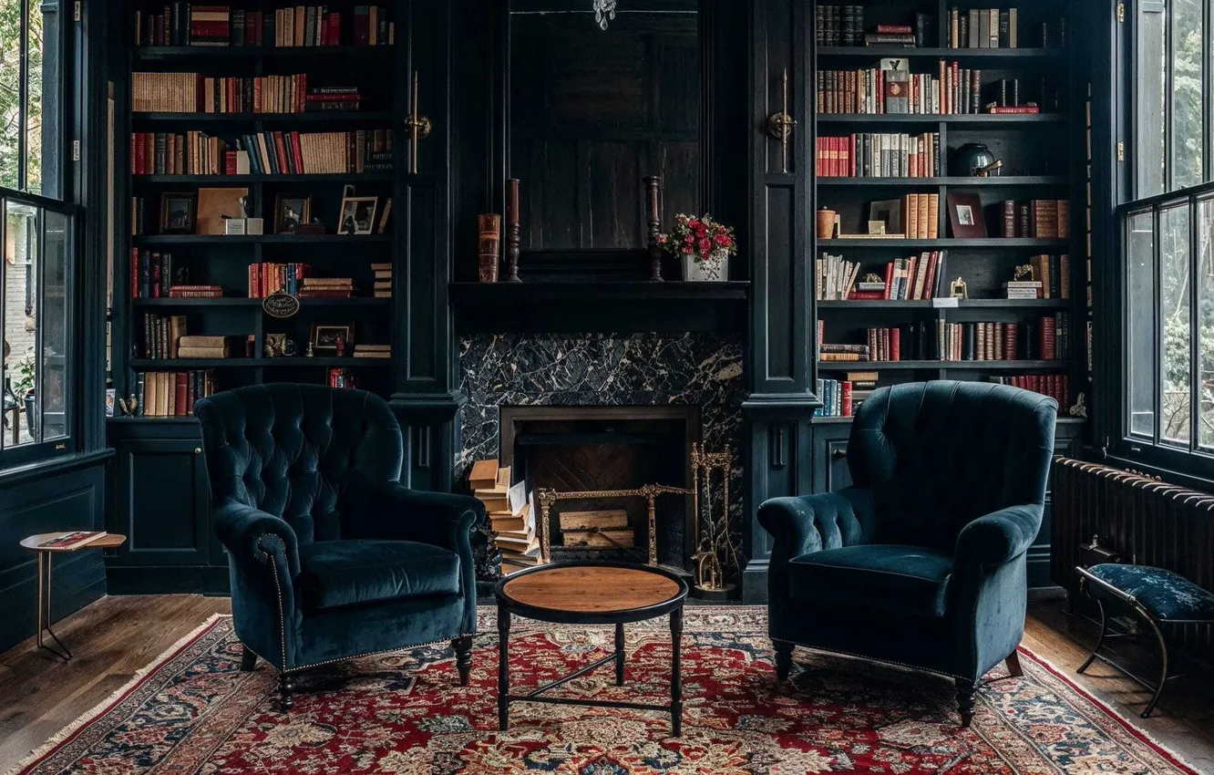 Photo wallpaper design, interior, fireplace, library, classic english style, by Decorilla, define this dark academia aesthetic, Deep …