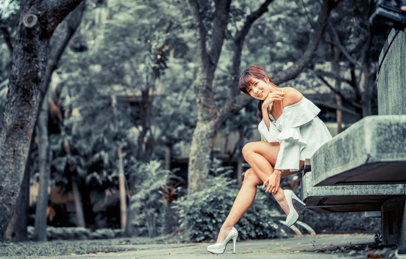 Photo wallpaper girl, smile, studs, legs, Asian, cutie