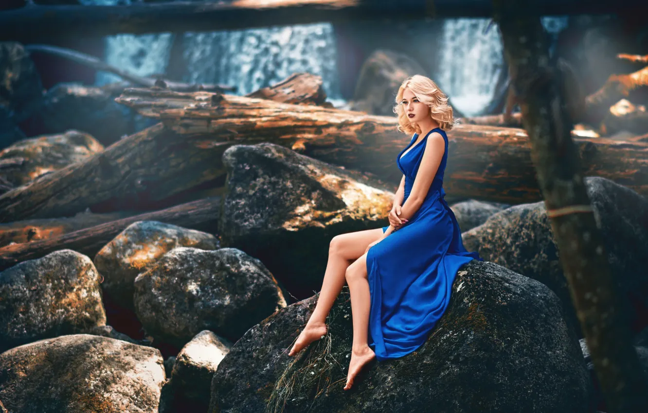 Photo wallpaper girl, pose, stones, photo, dress, blonde, legs, blue