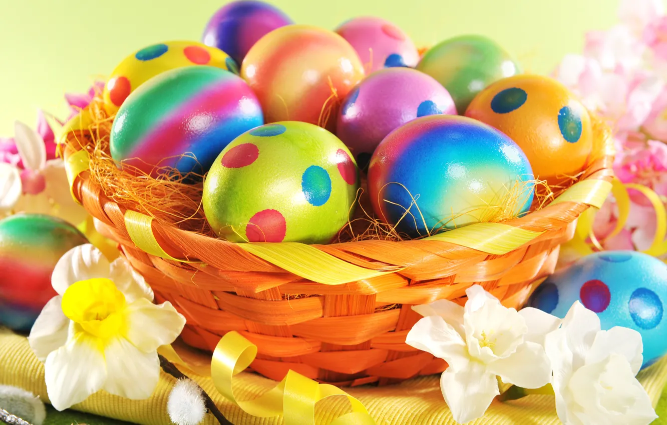 Photo wallpaper flowers, basket, eggs, Easter, flowers, spring, Easter, eggs