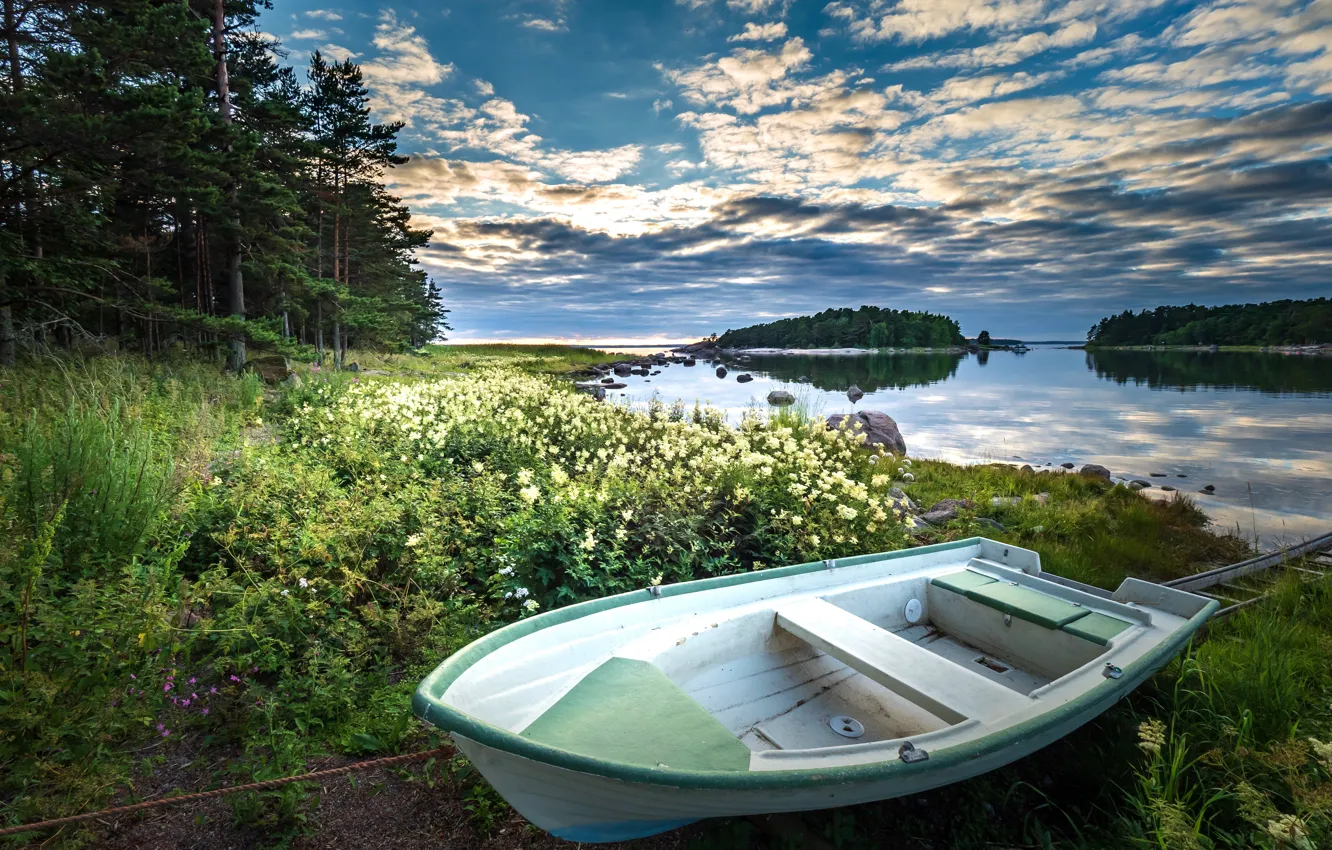 Photo wallpaper water, trees, landscape, nature, shore, boat, grass, Finland
