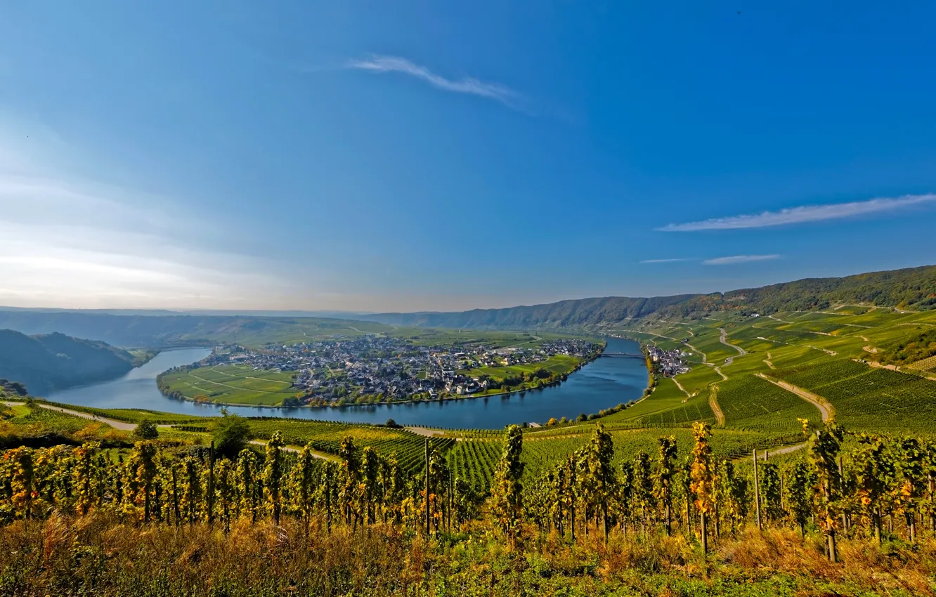 Photo wallpaper the sky, river, home, Germany, vineyard, The Piesport, Piesport