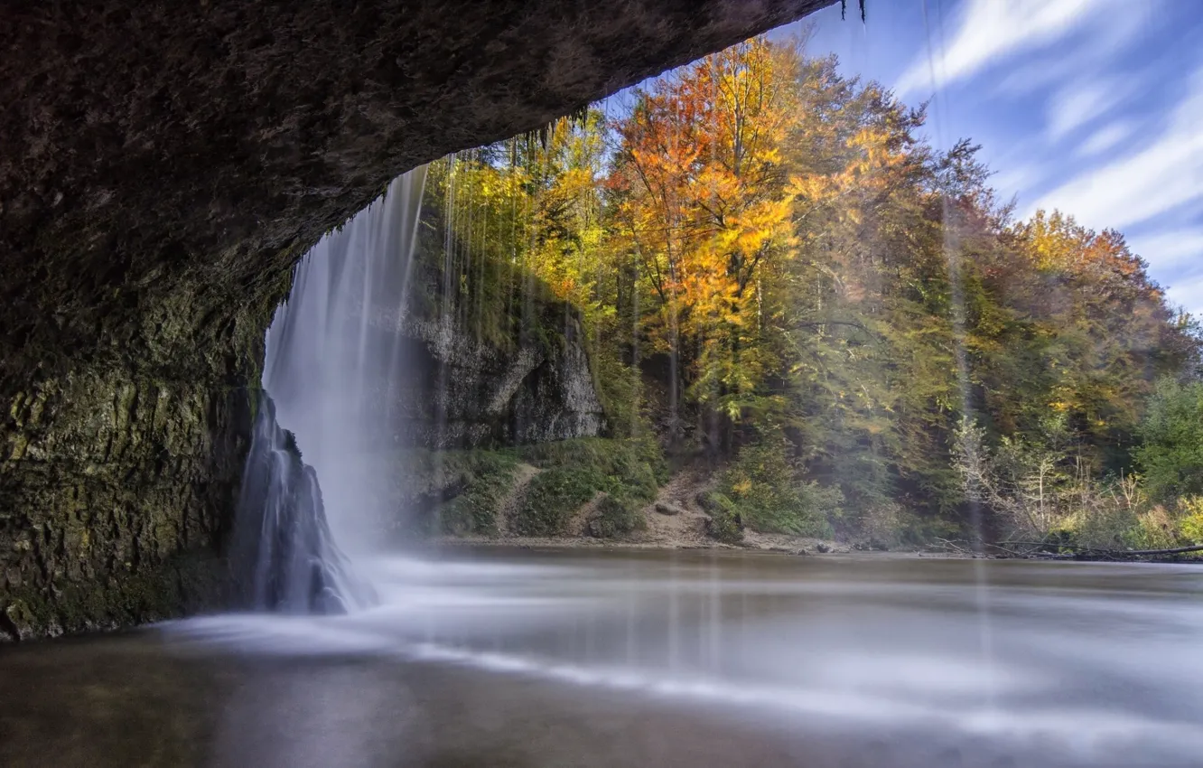 Photo wallpaper autumn, trees, lake, waterfall, the grotto