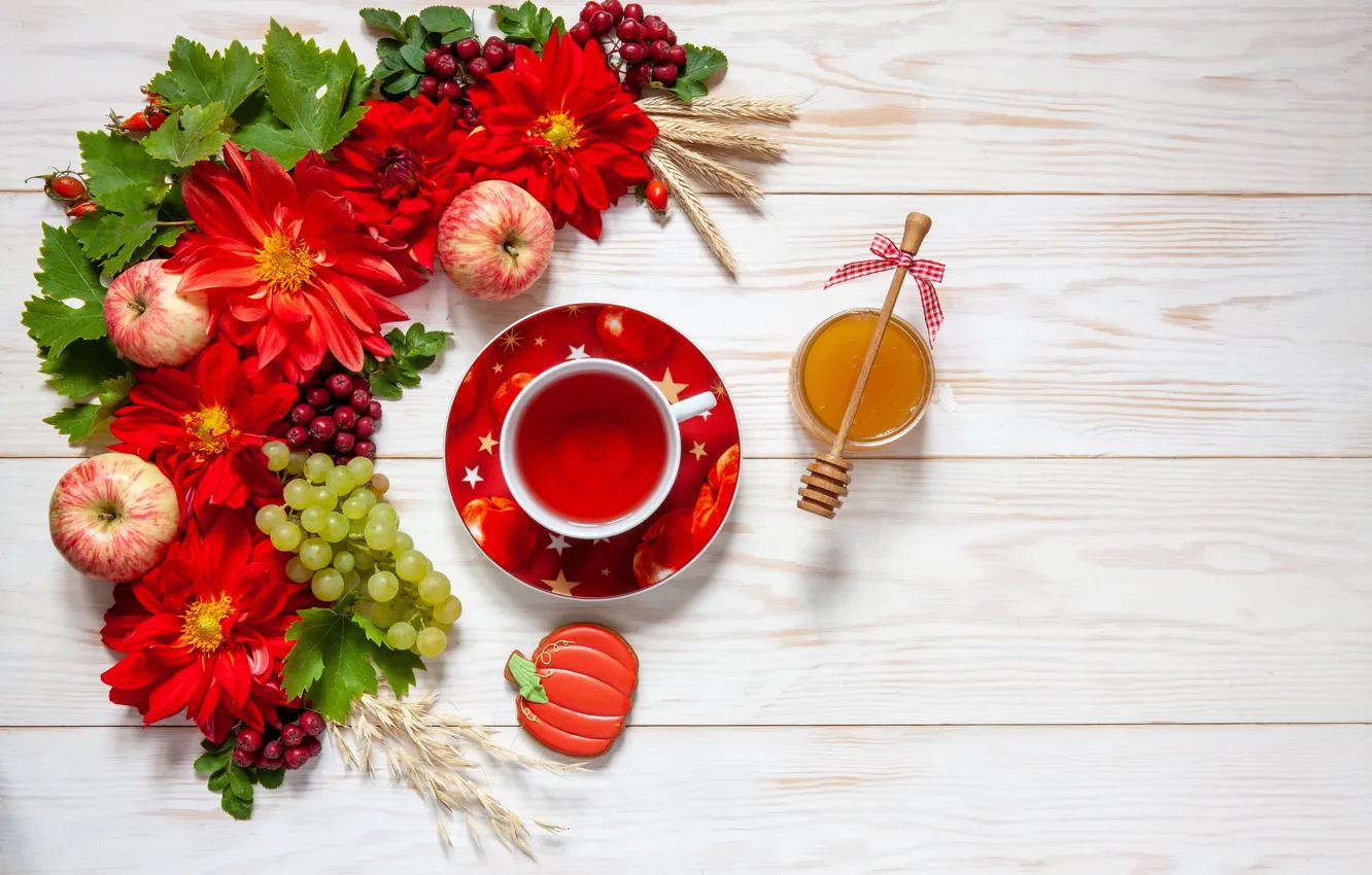 Photo wallpaper flowers, tea, apples, honey, grapes, bunch, Cup, red