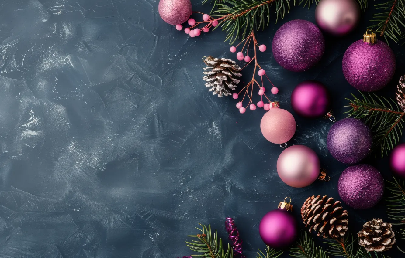 Photo wallpaper purple, balls, branches, new year, Christmas, pink, grey background, needles