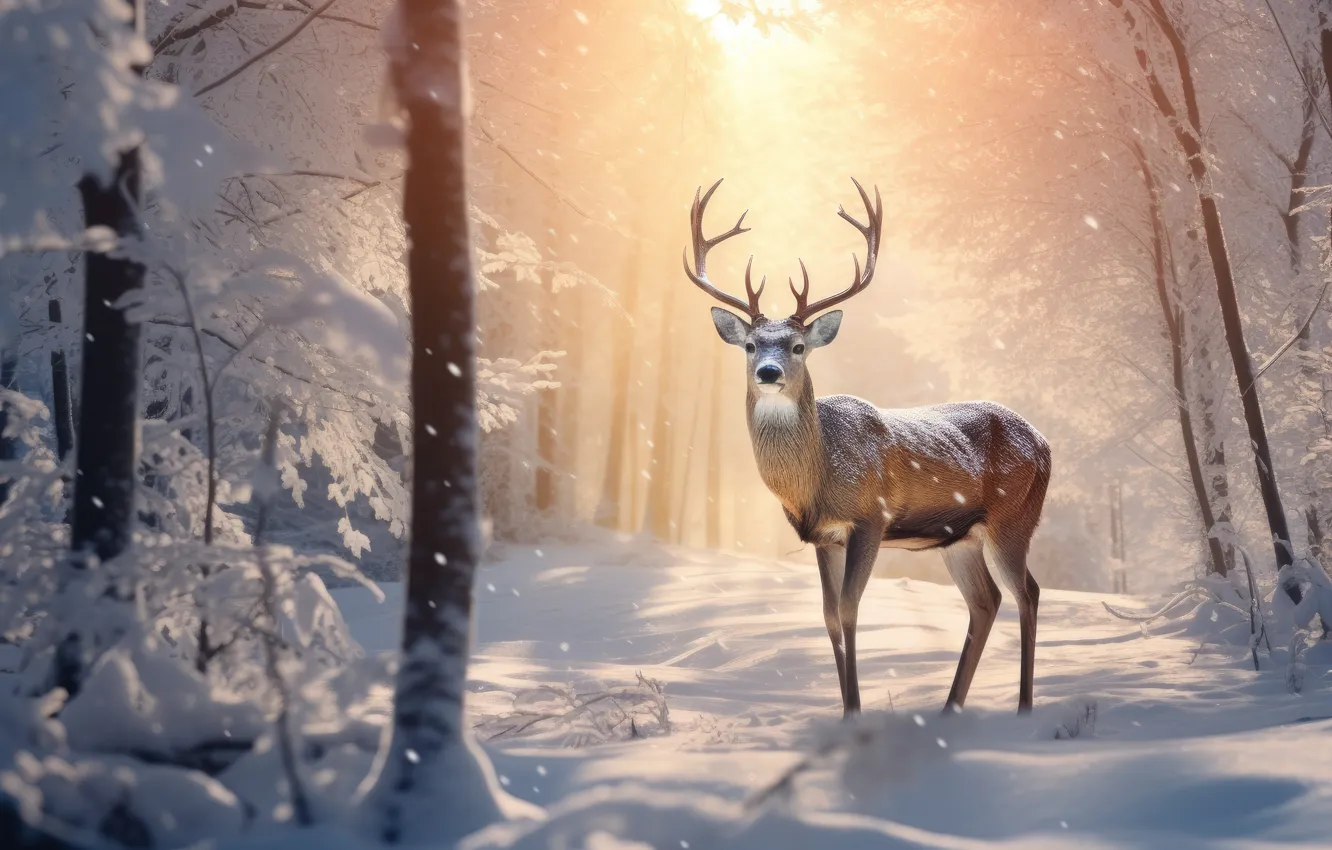 Photo wallpaper winter, forest, light, snow, trees, nature, deer, Christmas
