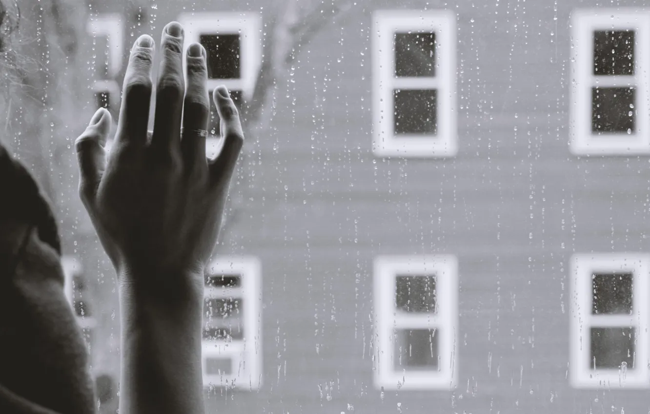 Photo wallpaper sadness, rain, window, hand