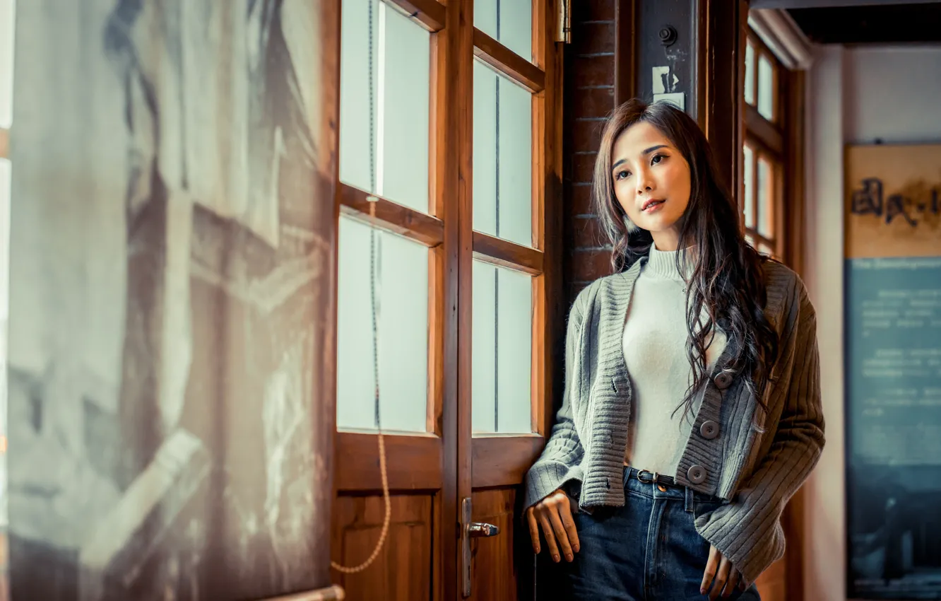 Photo wallpaper girl, pose, jeans, Asian, jacket, cutie
