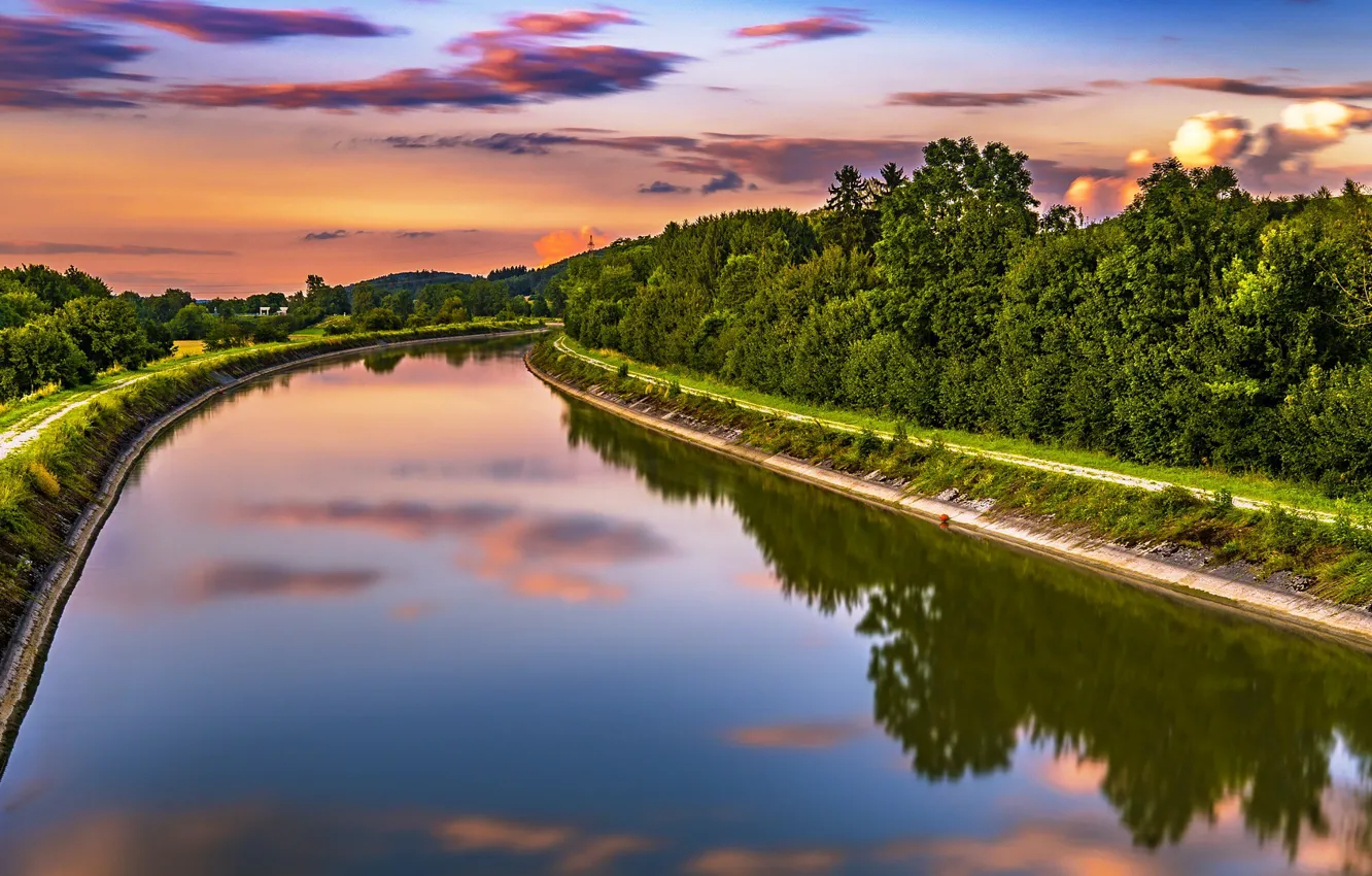 Photo wallpaper summer, the sky, trees, sunset, nature, river, height