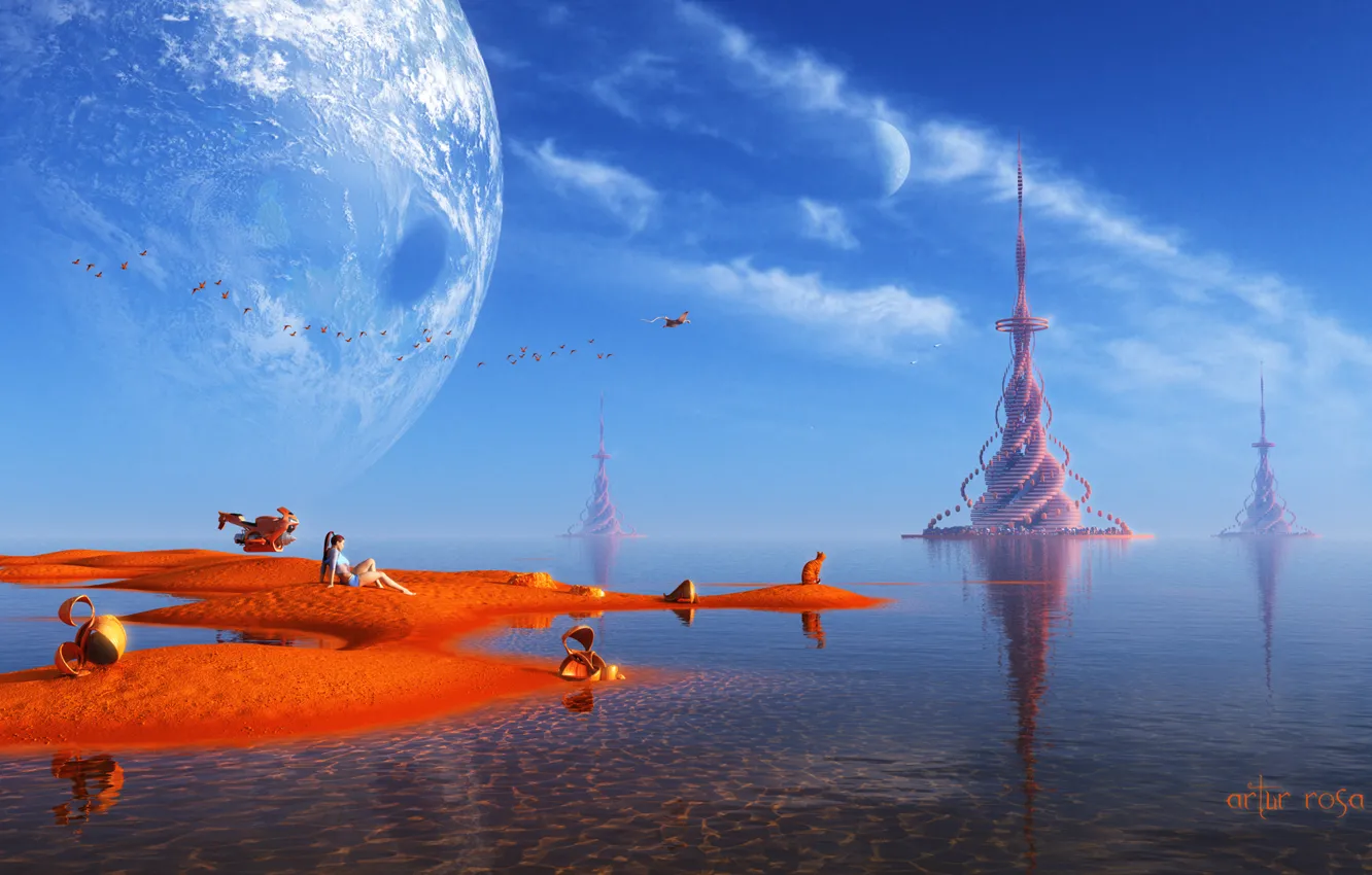 Photo wallpaper sand, water, girl, landscape, bird, transport, planet, tower