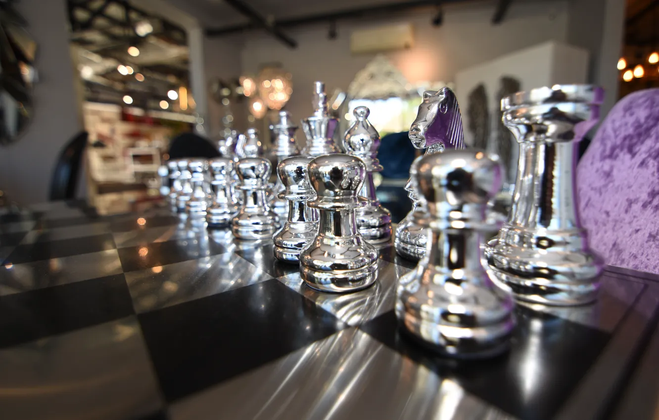 Photo wallpaper light, table, Shine, chess, view, the room, chess Board, bokeh