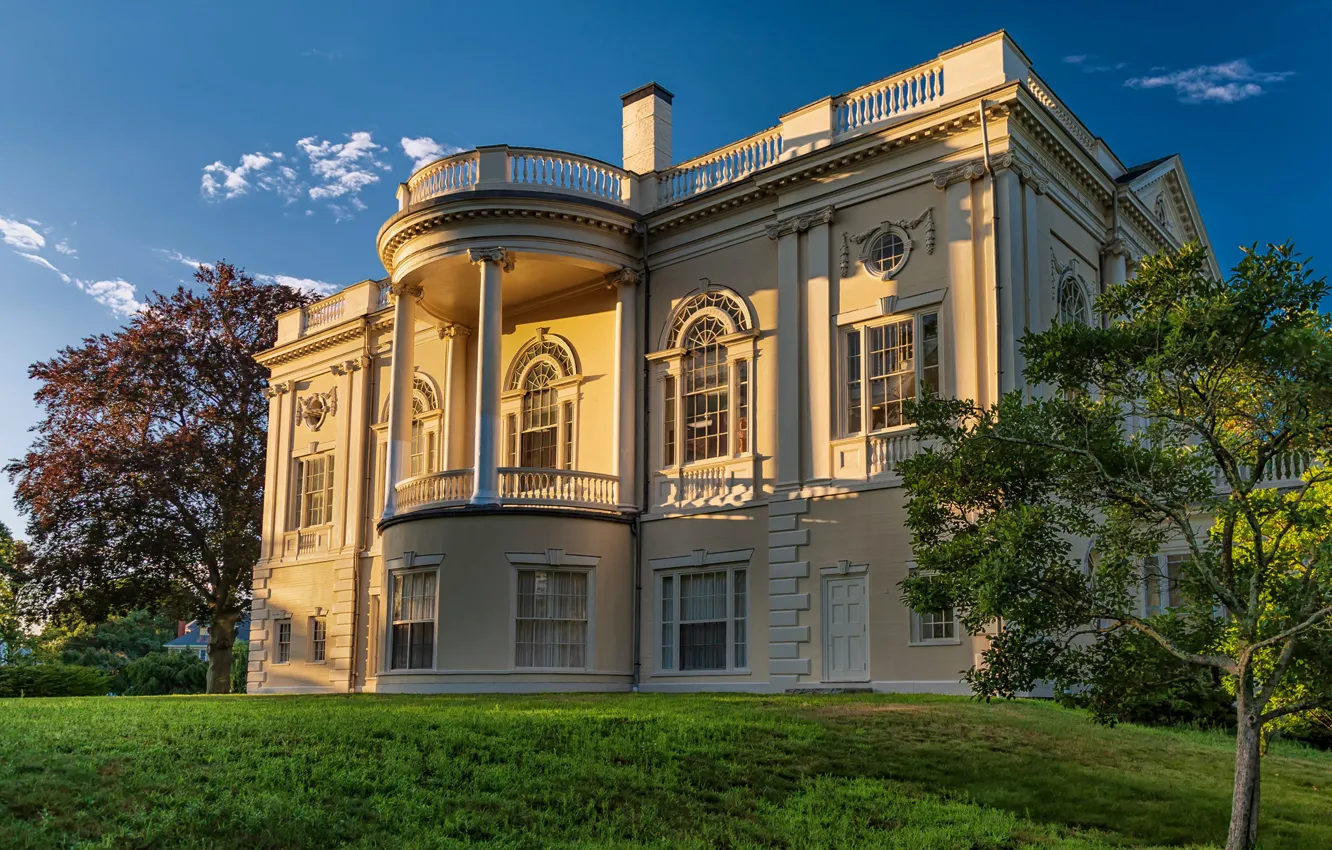 Photo wallpaper greens, the sky, grass, the sun, clouds, trees, lawn, building
