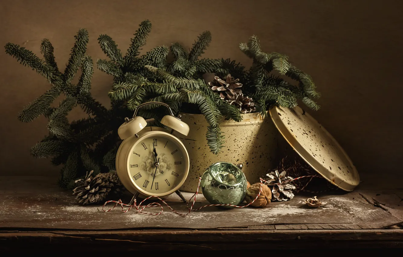 Photo wallpaper branches, holiday, box, toy, watch, new year, ball, spruce