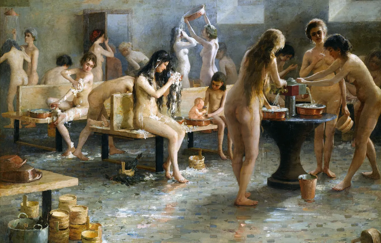 Photo wallpaper girl, naked, picture, bath, Russian artist, Vladimir Plotnikov, In the women's bath, Vladimir Plotnikov