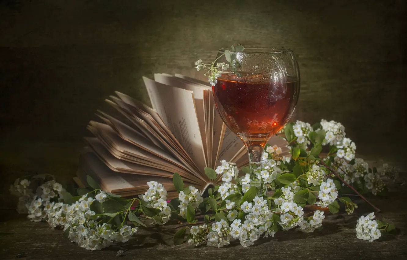 Photo wallpaper branches, wine, glass, spring, book, still life, flowers, Spiraea
